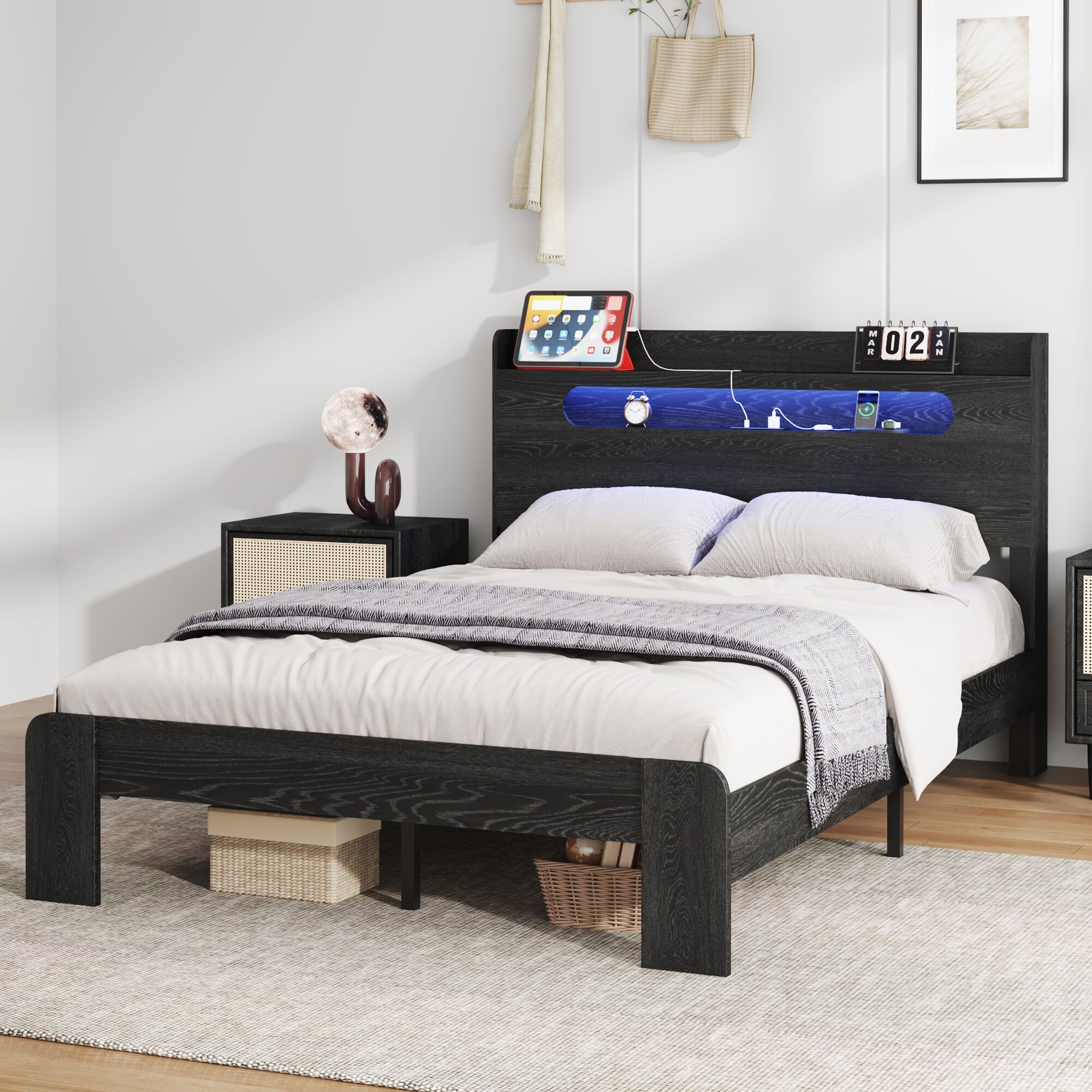 Bed Frame Full Size, Wood Platform Bed Frame With Storage LED Light Headboard And 2 USB , Noise Free,No Box Spring Needed And Easy Assembly Tool,Large Under Bed Storage,Black_voghion.com
